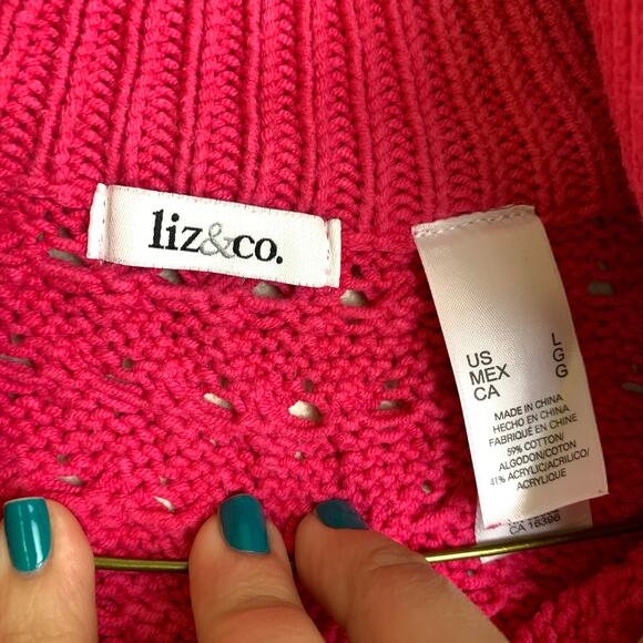 Liz & Co VTG Y2K 2000's hot pink open knit crochet zip up jacket LARGE - Picture 6 of 7